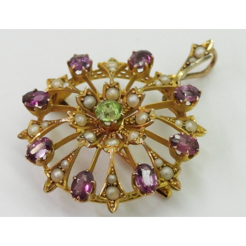 2775 - A SUFFRAGETTE PENDANT BROOCHmade in bright yellow metal and set with peridot, garnet and pearls, the... 