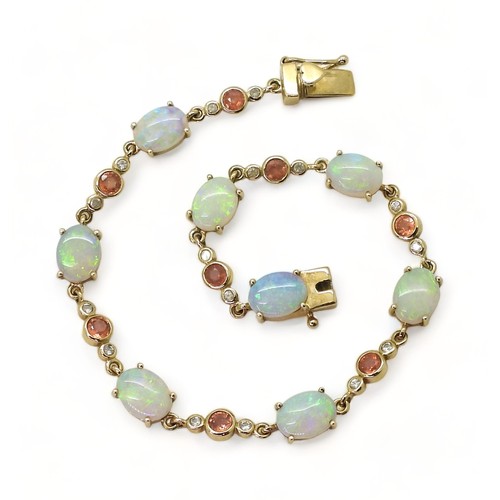 2715 - A 9CT GOLD BRACELETset with oval opals and pink and white sapphires, length 19cm, with a heart detai... 