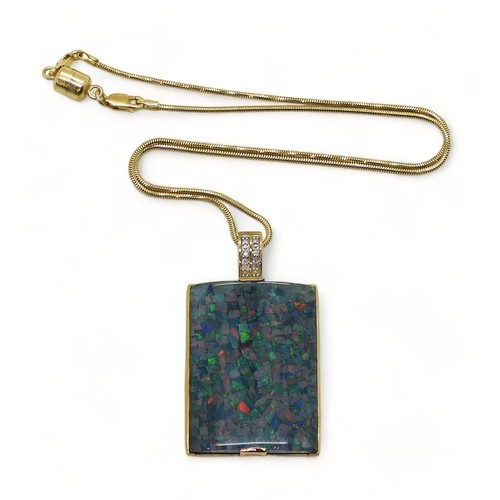 2717 - OPAL PENDANT AND CHAINthe opal mosaic and diamond pendant, measures approx 4cm x 3cm, with a 1.2cm b... 