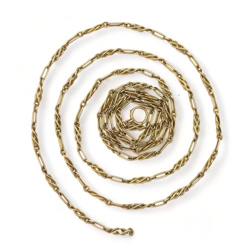 2732 - A FANCY 9CT GUARD CHAINwith lovers knot decorative links, '9ct' soldered on tag. Length 134cm, weigh... 