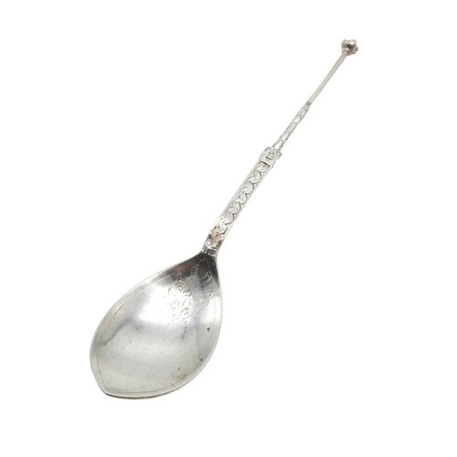 2510 - ALEXANDER RITCHIE; An Iona silver spoon, the petal-shaped bowl with floral decoration, the term... 