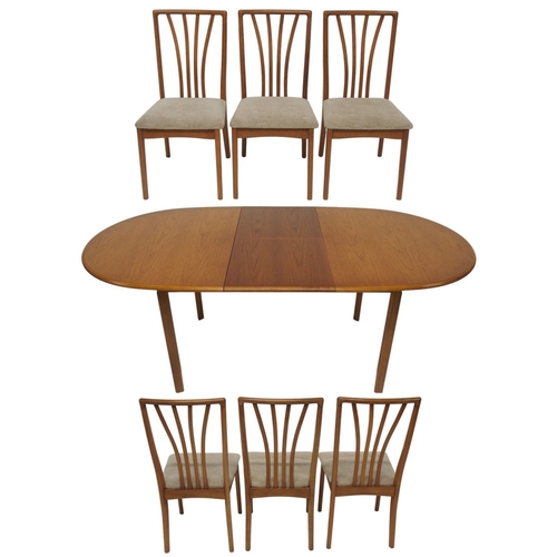 2096 - A 20TH CENTURY TEAK MEREDEW EXTENDING DINING TABLE AND SIX CHAIRS dining table with oval top co... 