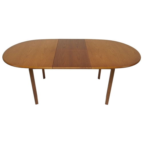 2096 - A 20TH CENTURY TEAK MEREDEW EXTENDING DINING TABLE AND SIX CHAIRS dining table with oval top co... 