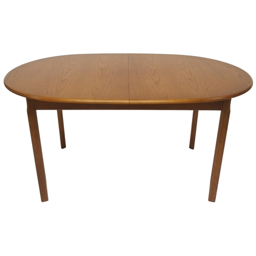 2096 - A 20TH CENTURY TEAK MEREDEW EXTENDING DINING TABLE AND SIX CHAIRS dining table with oval top co... 