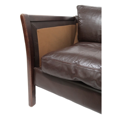 2106 - A 20TH CENTURY DANISH BROWN LEATHER UPHOLSTERED STOUBY THREE SEATER SETTEE with stained teak and lea... 