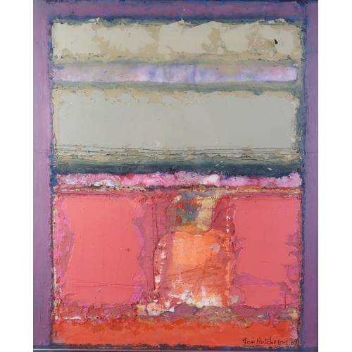 2987 - TOM HUTCHESON (SCOTTISH 1922-1999)TERRACOTTA ORANGE AND PINKOil, gesso and collage on board, signed ... 