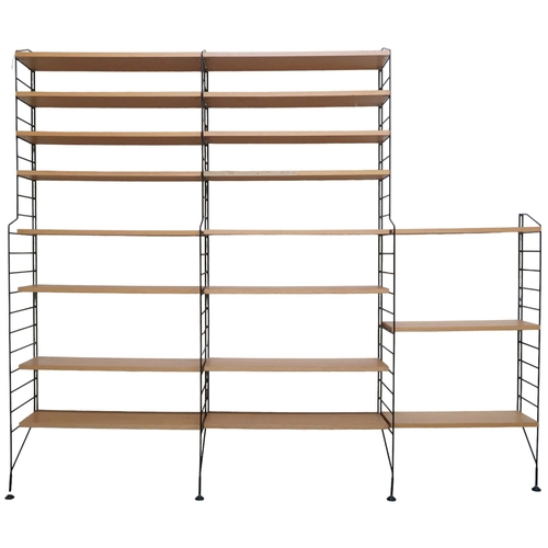 2107 - A MID 20TH CENTURY SWEDISH NISSE STRINNING, STRING MODULAR SHELVING SYSTEM comprising three ste... 