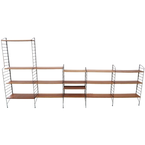 2109 - A MID 20TH CENTURY SWEDISH NISSE STRINNING, STRING MODULAR SHELVING SYSTEM comprising two stepped me... 