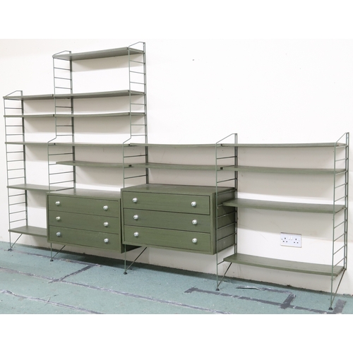 2111 - A MID 20TH CENTURY SWEDISH NISSE STRINNING, STRING MODULAR SHELVING SYSTEM comprising two stepp... 