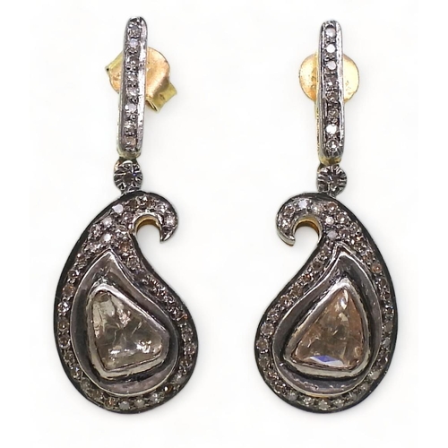 759 - A pair of yellow and white metal paisley shaped polki and brilliant cut diamond earrings, length of ... 