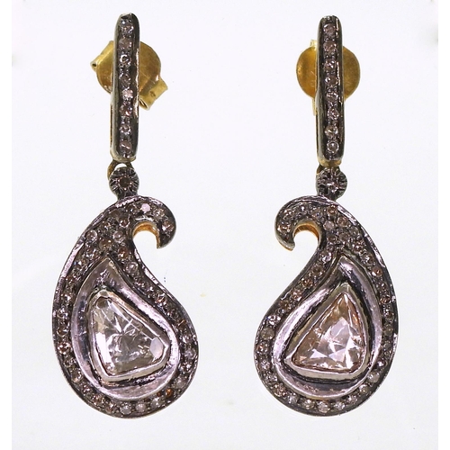 759 - A pair of yellow and white metal paisley shaped polki and brilliant cut diamond earrings, length of ... 