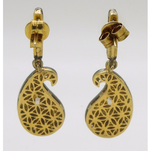 759 - A pair of yellow and white metal paisley shaped polki and brilliant cut diamond earrings, length of ... 