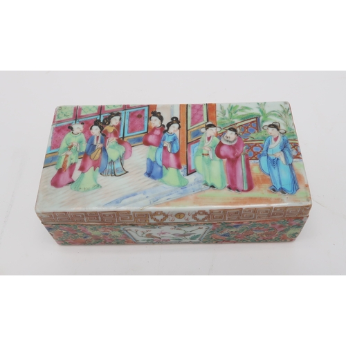 2386 - A CANTON RECTANGULAR PEN BOXPainted with officials and courtiers on a balcony, above gilt key patter... 