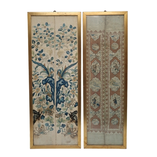 2387 - A PAIR OF CHINESE SILK EMBROIDERED SLEEVESDecorated with birds above blue rockwork, butterflies and ... 