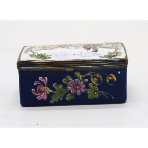 2268 - A BILSTON ENAMEL BOXof rectangular form, the lid painted with a hunting scene, 6.5cm long... 