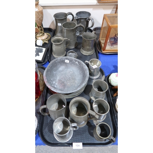 104 - A collection of pewter tankards, two plates and a bowl etc