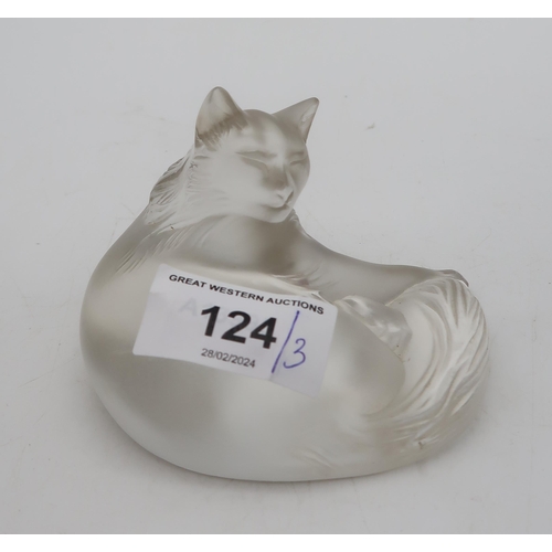 124 - A Lalique frosted model of a cat together with two small Moorcroft pottery vases one decorated with ... 