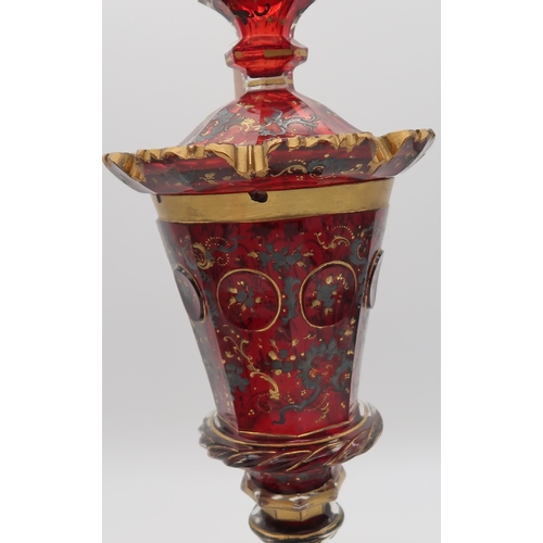 169 - A bohemian glass jar and cover with castellated rim with silvered and gilt decoration