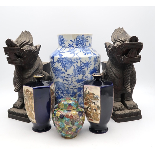 177 - A pair of Malaysian hardwood fo dogs, a pair of Satsuma vases, a Japanese blue and white vase and a ... 