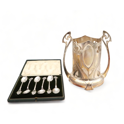 204 - A WMF EPNS siphon bottle stand, and a set of white metal and enamel Arts and Crafts silver tae spoon... 