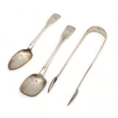 216 - Scottish Provincial;A pair of silver sugar tongs by Thomas Davie, Greenock, a fiddle pattern tea spo... 