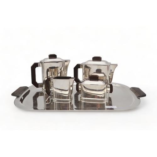 219B - A French Art Deco silver plated tea service, by Ercuis, in the annam model, with Macassar ebony hand... 