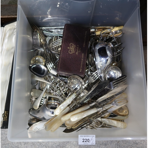 220 - A collection of EPNS including mother of pearl handled cutlery, cut glass decanters and dishes, tray... 