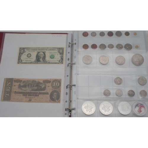 229 - United States a collection of US coins and banknotes to include 1921 Liberty silver dollar, Kennedy ... 