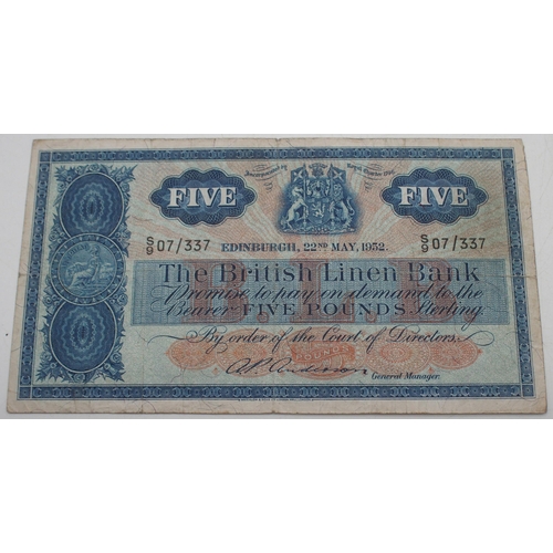 231 - THE BRITISH LINEN BANK Five Pounds Edinburgh 22nd May 1952 s9 07/337 Anderson, Five Pounds Edinburgh... 