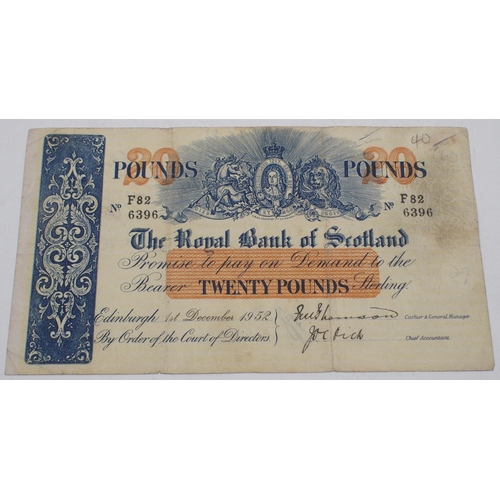 246 - The Royal Bank of Scotland £20 Edinburgh 1st December 1952 No. F82 6396 double signatures