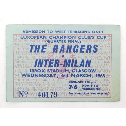 329 - A match ticket for Rangers v. Inter-Milan at Ibrox Stadium, Glasgow, Wednesday 3rd March 1965