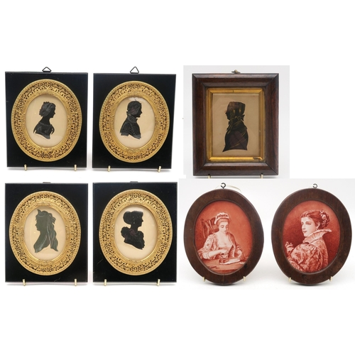 330 - A 19th century silhouette portrait miniature of a lady in profile, housed in a rosewood frame, toget... 