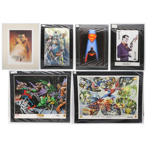 341 - A collection of mounted comic book art prints, signed by their respective artists, including Marc Wo... 