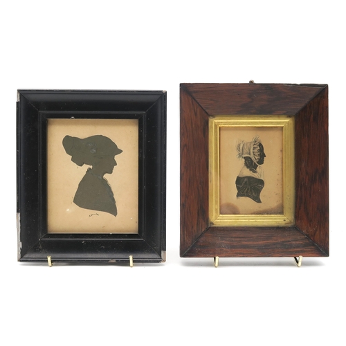 344 - A 19th century silhouette portrait miniature of a lady in profile, housed in a rosewood frame with g... 