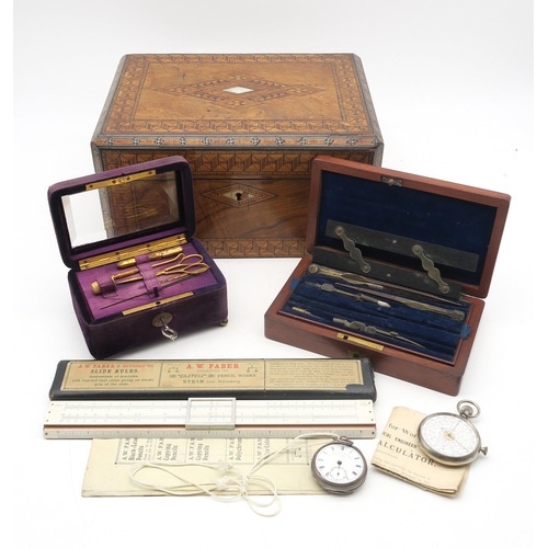 359 - A walnut work box with Tunbridge geometric inlay, Chester silver-cased pocket watch, the face marked... 