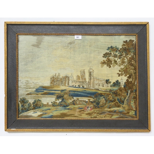 361 - A framed woolwork landscape scene, depicting Linlithgow Palace, with two figures to the foreground, ... 