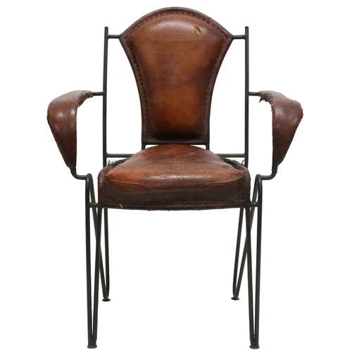 2115 - A MID 20TH CENTURY LEATHER & IRON ARMCHAIR AFTER JACQUES ADNET with open armrests made with stit... 