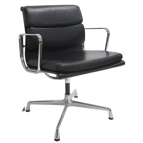 2116 - A PAIR OF VITRA EAMES EA 208 SOFT PAD CHAIRS with black soft leather upholstery and chrome open arms... 