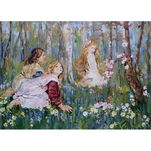 853 - AFTER EDWARD ATKINSON HORNEL (SCOTTISH 1864-1933) GIRLS ON A FLOWERY MEADOW Oil on canvas, 54 x 75cm... 