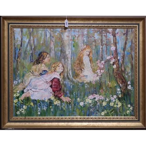 853 - AFTER EDWARD ATKINSON HORNEL (SCOTTISH 1864-1933) GIRLS ON A FLOWERY MEADOW Oil on canvas, 54 x 75cm... 