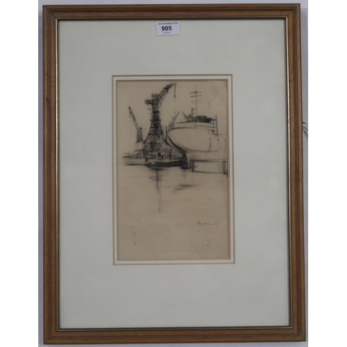 905 - DANNY FERGUSON RGI (SCOTTISH 1925-1993) FITTING OUT BASIN, GOVAN Pencil on paper, signed l... 