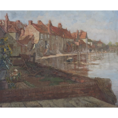 908 - IDA ROSE LOVERING (ENGLISH 1854-1943) VILLAGE HARBOUR Oil on canvas, signed lower right, signed lowe... 