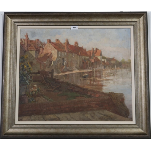 908 - IDA ROSE LOVERING (ENGLISH 1854-1943) VILLAGE HARBOUR Oil on canvas, signed lower right, signed lowe... 