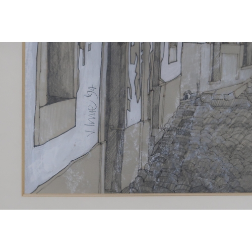 910 - JENNIFER IRVINE (SCOTTISH b.1956) OLD TOWN, LOULÉ Mixed media on paper, signed lowe... 