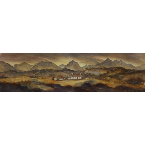 913 - GILLIAN MCDONALD (SCOTTISH CONTEMPORARY)  CUILLINS CROFT Watercolour, signed lower right, 24 x 80cm ... 