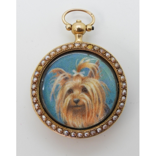 2832 - A YORKSHIRE TERRIER PORTRAIT MINIATUREpainted on ivory and mounted inside a yellow metal fob watch c... 