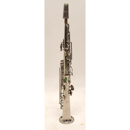 288 - C.G. CONN a white metal soprano saxophone  Made by C.G. CONN ELKHART IND. U.S.A. PATD. DEC. 8. 1914 ... 