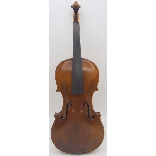 293 - A two piece back German 35.5cm together with an inlaid compartmentalised wooden violin case possibly... 