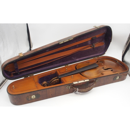 293 - A two piece back German 35.5cm together with an inlaid compartmentalised wooden violin case possibly... 