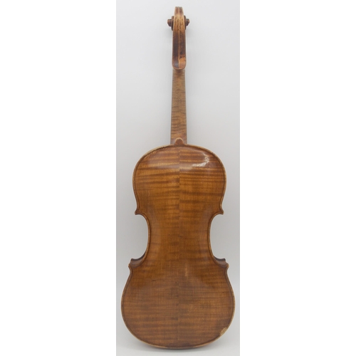 293 - A two piece back German 35.5cm together with an inlaid compartmentalised wooden violin case possibly... 